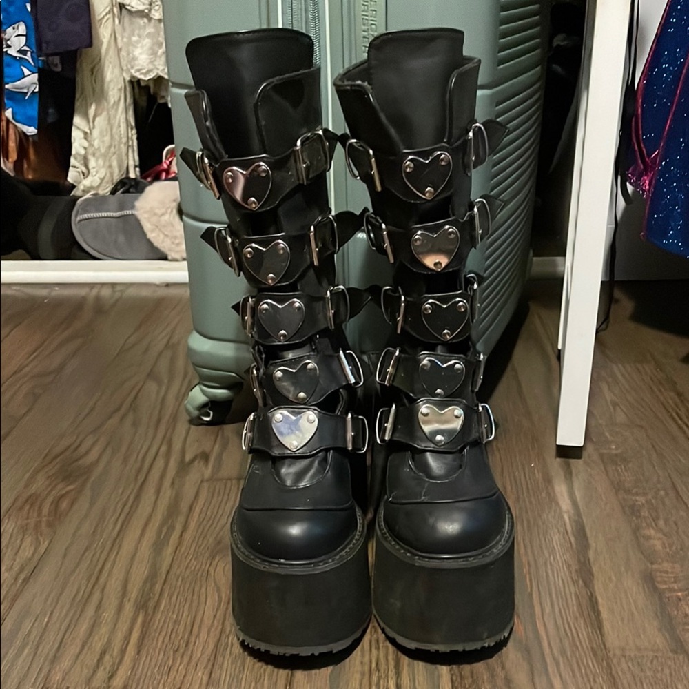 Demonia Black Platform Boots with Silver Heart Buckles